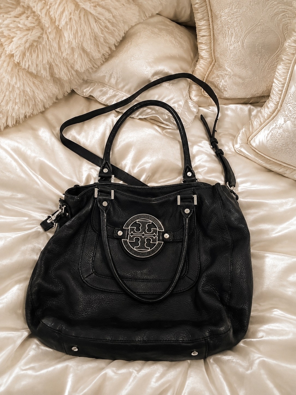 Tory Burch Amanda Black Pebbled Leather Satchel Tote Shoulder Bag